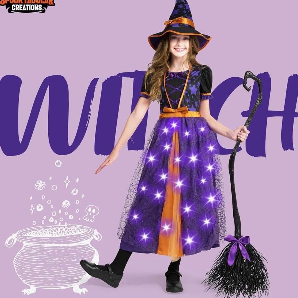 Spooktacular Creations Girl LED Light-Up Witch Costume Set with Broom Small 5/7